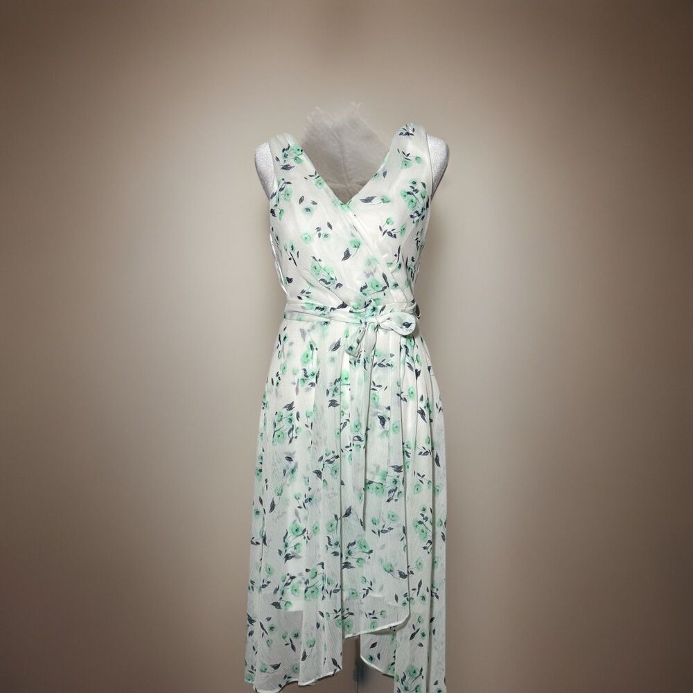 NWT DKNY Floral Wrap Dress Size 2 White Green Sleeveless Midi Tie Waist Summer